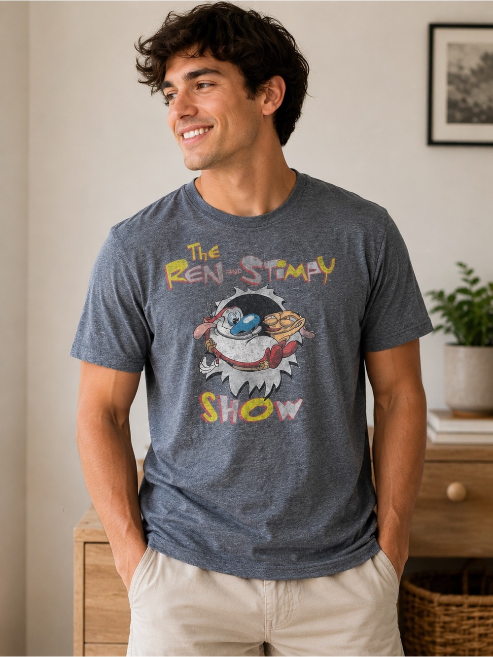 Nickelodeon Ren and Stimpy Graphic Tee  T Shirt Gray Retro Cartoon Vintage Style
